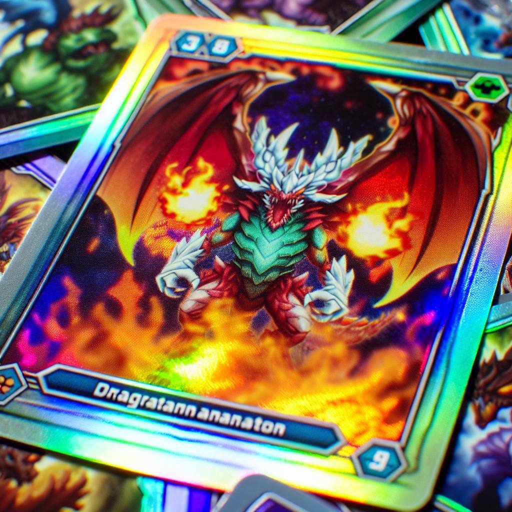A holographic Charizard Pokemon card shining brightly against a dark background, surrounded by other Pokemon cards.
